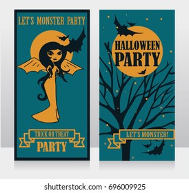 template for halloween party invitations with doodle lady vampire and bats, blue and yellow colors, vector illustration
