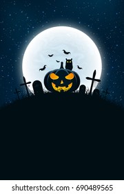 Template for Halloween party. The night scene of horrors. The concept of crosses, graves and glowing pumpkin. The black owl. Full moon. Vertical background. Club poster. Vector illustration