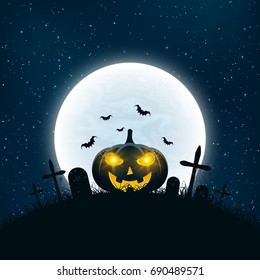 Template for Halloween party. The night scene of horrors. The concept of crosses, graves and a glowing pumpkin. Gold dust. Full moon. Vertical background. Club poster. Vector illustration