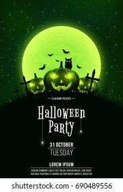 Template for Halloween party. A terrible concept of crosses, graves and glowing pumpkins. Green dust. The black owl. Full moon. Vertical background. Club poster. Vector illustration