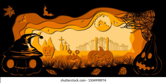 Template Halloween, pumpkin, spider web, bat, graves for to cut with a laser from paper. For decoration and design. Template for laser cutting and Plotter. Vector illustration. Pattern for the laser c