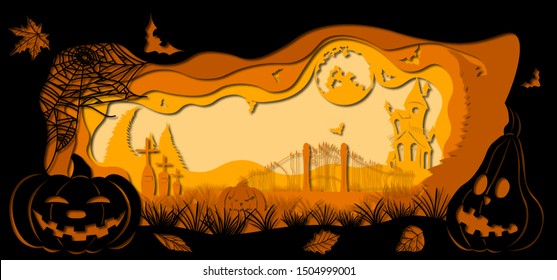 Template Halloween, pumpkin, spider web, bat, graves for to cut with a laser from paper. For decoration and design. Template for laser cutting and Plotter. Vector illustration. Pattern for the laser c