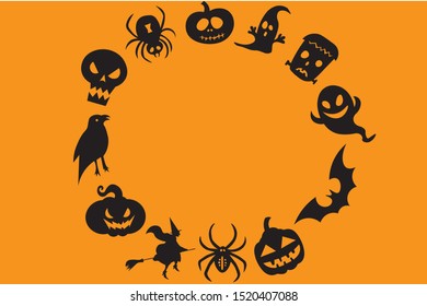 Template for Halloween. Spiders, bats, witch and pumpkin. Elements for halloween decorations. Halloween party invitation