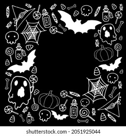 a template for Halloween. square frame made of bat, spider web, cartoon ghost, hat, pumpkin, lollipops, bones, skull, with empty space for your text white outline on black vector border