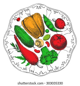 Template hand drawing vector vegetarian background. Poster for cafe and restaurant. Vintage black and white illustration in the style of engravings. Healthy vegetarian food.
