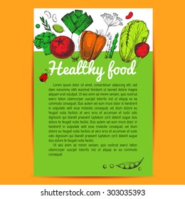 Template hand drawing vector vegetarian background. Poster for cafe and restaurant. Vintage black and white illustration in the style of engravings. Healthy vegetarian food.