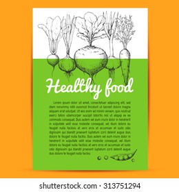 Template hand drawing vector vegetarian background.  Vintage black and white illustration in the style of engravings. Healthy vegetarian food. Radish, garlic, onion, carrot, beet.