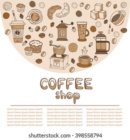 Template with hand drawn coffee doodles icons.  Can use for design cafe menu, coffee shop, flyer
