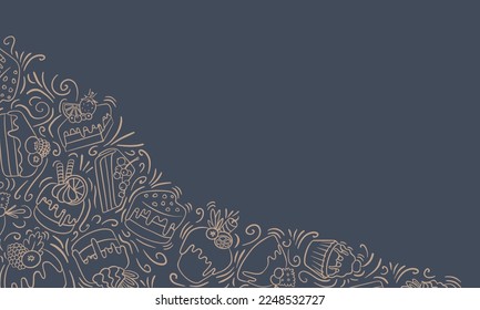 Template with hand drawn doodle cakes. Banner with empty space for your text. Vector illustration.