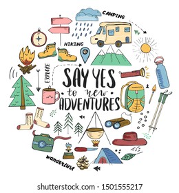 Template with hand drawn doodle style elements related to hiking, camping and travelling in mountains. Say yes to new adventures