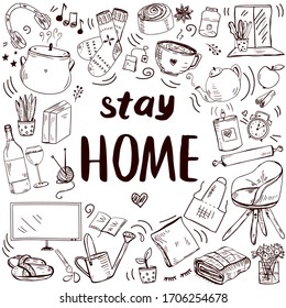 Template with hand drawn doodle style home related objects. Cozy and comfortable lifestyle. Stay home stay safe