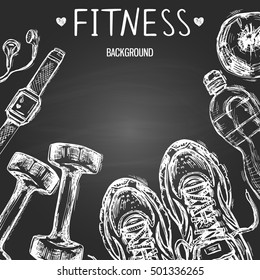 Template with hand drawn fitness items on black background. Healthy lifestyle concept.