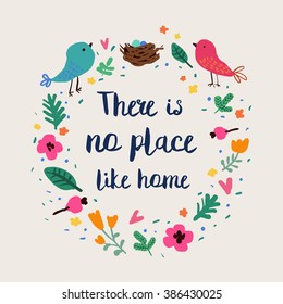 Template with hand drawn flowers, birds and text for cards, invitations and journaling