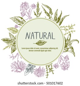 Template with hand drawn flowers and plants and place for text