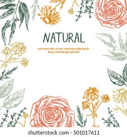 Template with hand drawn flowers and plants and place for text