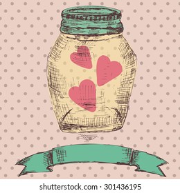 Template with hand drawn glass jar in retro colors
