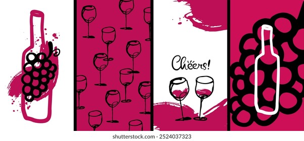 Template with hand drawn glasses, wine bottles and bunch of grapes. Simple shapes. Background for banners, brochures, labels. Vector illustration
