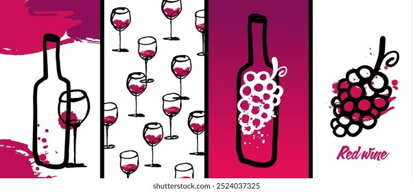Modelo com copos desenhados à mão, garrafas de vinho e cacho de uvas. Formas simples. Plano de fundo para banners, brochuras, etiquetas. Ilustração vetorial