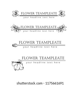 Template of hand drawn headlines with ink flowers alstroemeria, lily, rose, petunia. Set of four pages.
