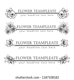 Template of hand drawn headlines with ink flowers alstroemeria, lily, rose, petunia. Set of four pages.