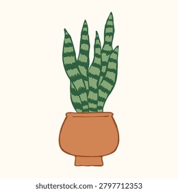 Template of hand drawn homeplant with stroke. Potted sansevieria with striped leaves. For home decor, botanical store, gardening, posters, social media, packaging, print, sticker.