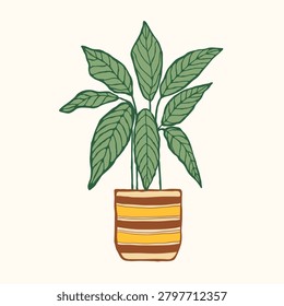 Template of hand drawn homeplant with stroke. Colorful calathea in striped pot. For home decor, botanical themes, gardening, posters, social media, packaging, print, sticker.