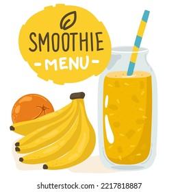 Template with hand drawn jar with smoothie with banana in bright colors