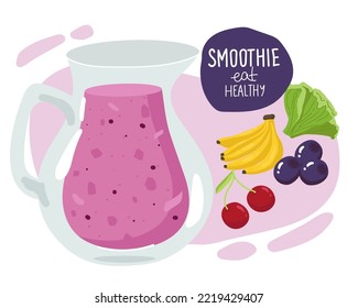 Template with hand drawn jar with smoothie in bright colors Superfoods and health or detox diet food concept in sketch style.