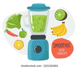 Template with hand drawn jar with smoothie in bright colors. Vector Electric Juicer Blender Appliance with Glass Container Icon Closeup Isolated . Design Template, Health Food Drink Concept.