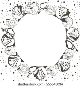 Template with hand drawn sea shells. Vector