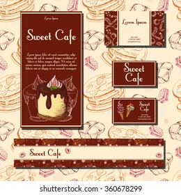 Template with hand drawn sketch bakery. Dessert cards with sweet bakery. Can be used identity style for cafe or restaurant.  Vector illustration