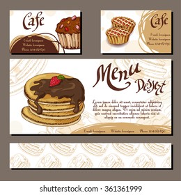 Template with hand drawn sketch bakery. Can be used as corporate identity style for cafe or restaurant.  Vector illustration. Dessert cards with sweet bakery. 