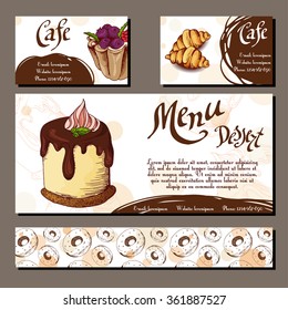 Template with hand drawn sketch bakery. Dessert cards with sweet bakery. Can be used identity style for cafe or restaurant.  Vector illustration