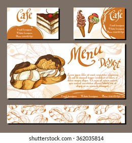 Template with hand drawn sketch bakery. Can be used as corporate identity style for cafe or restaurant.  Vector illustration. Dessert cards with sweet bakery. 