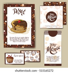 Template with hand drawn sketch bakery. Can be used as corporate identity style for cafe or restaurant. Vector illustration. Dessert cards with sweet bakery.
