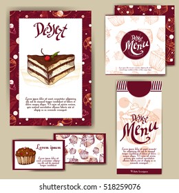 Template with hand drawn sketch bakery. Can be used as corporate identity style for cafe or restaurant. Vector illustration. Dessert cards with sweet bakery.