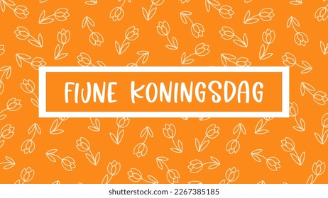 Template with hand drawn tulips and traditional orange colour for Koningsdag (King's Day) celebration in the Netherlands. Rectangle shape, suitable for social networks. Vector illustration.