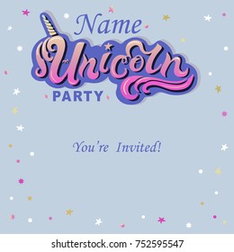 Template with hand drawn Unicorn lettering on blue background. Vector illustration. Banner, poster, birthday, greeting card, template. Illustration isolated on background. 