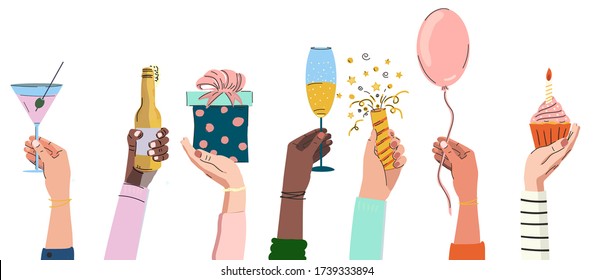 Template with hand's of different people holding party accessories. Bithday, celebrating, holiday vector illustration.