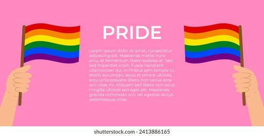 Template with hands holding LGBT flags on pink background. Rainbow flags, LGBT community or pride month theme. Vector illustration.