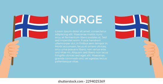 Vorlage mit Händen, die norwegische Flaggen auf blauem Hintergrund halten. Geeignet für Grunnlovsdag (Verfassungstag) oder andere nationale Feiern in Norwegen. Vektorgrafik.