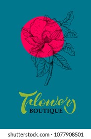 Template with handwriting lettering and magnolia flower. Design for logo, cards, banners of flowers shop and boutique. EPS 10