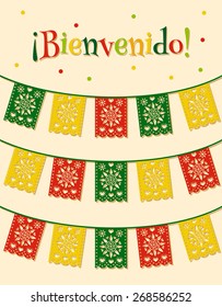 template with hanging traditional mexican flags and spanish text "bienvenido" translated as "welcome" 