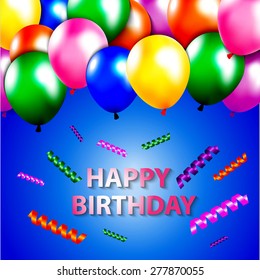 Template for Happy birthday card with place for text colored balloon green, blue , pink, purple, orange on a blue background.eps 10. Vector Illustration of a Happy Birthday Greeting Card