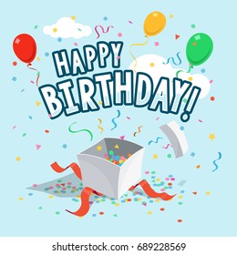 Template of happy birthday greeting card with balloons, gift box and ribbons on light blue background. Vector illustration.