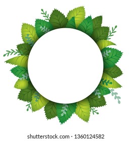 Template for happy Earth Day banner with circle and green leaves. World environment day eco background. Wreath colorful spring foliage. Greenery herb frame, ecology round border. Vector illustration.