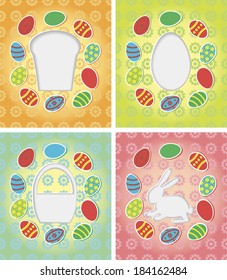 Template for happy Easter card with Easter eggs, basket, bunny, Easter cake silhouettes cut from paper