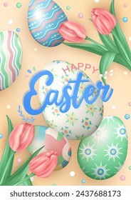 Template of Happy Easter vertical greeting card with 3d colorful painted Easter eggs and pink beautiful tulips (spring flowers) on soft yellow background with congratulation text for Easter holiday