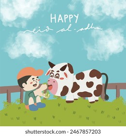 Template Happy Eid Al-Adha With Feeding The Cows Greeting