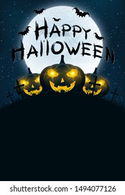 Template for Happy Halloween. Grunge calligraphy with bats and spiders. Pumpkins in the night cemetery. Full moon in the starry sky. Vector illustration. EPS 10